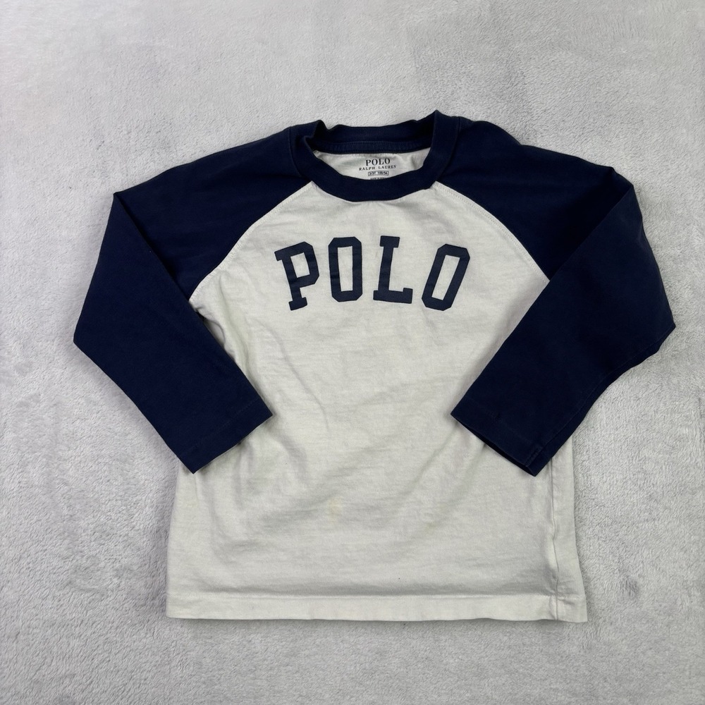 Polo Ralph Lauren Graphic 3/4 Sleeve Shirt White Blue Toddlers 3T Stains